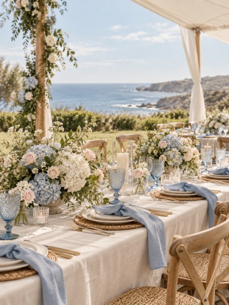 A blue and ivory coastal table
