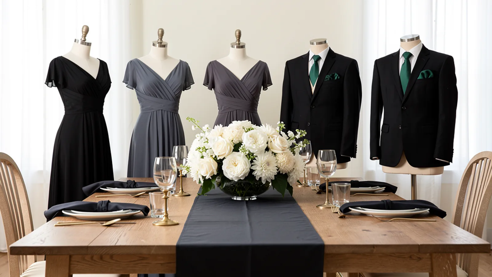 Art Deco Black & Gold wedding color palette shown on bridesmaid dresses, groomsmen suits, florals, and a styled table