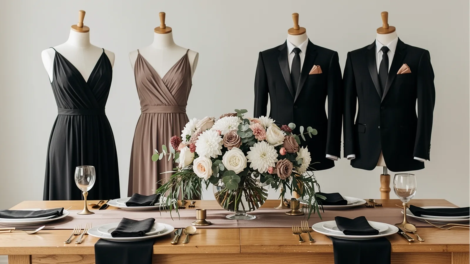 Black, Ivory & Champagne wedding color palette shown on bridesmaid dresses, groomsmen suits, florals, and a styled table