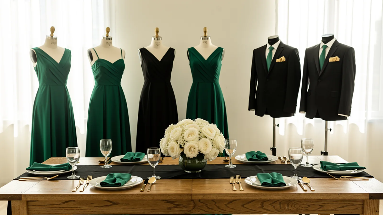 Black, White, Gold & Emerald wedding color palette shown on bridesmaid dresses, groomsmen suits, florals, and a styled table