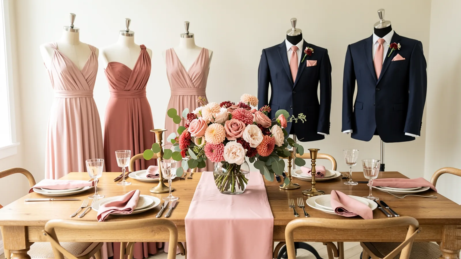 Blush & Champagne Gold wedding color palette shown on bridesmaid dresses, groomsmen suits, florals, and a styled table