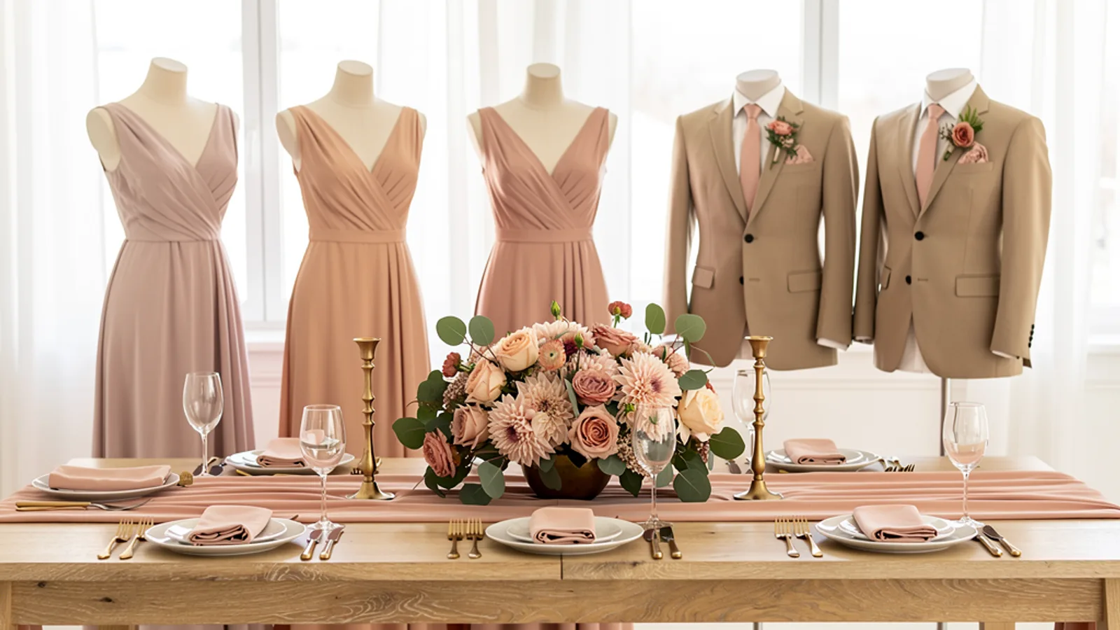 Blush & Greige wedding color palette shown on bridesmaid dresses, groomsmen suits, florals, and a styled table