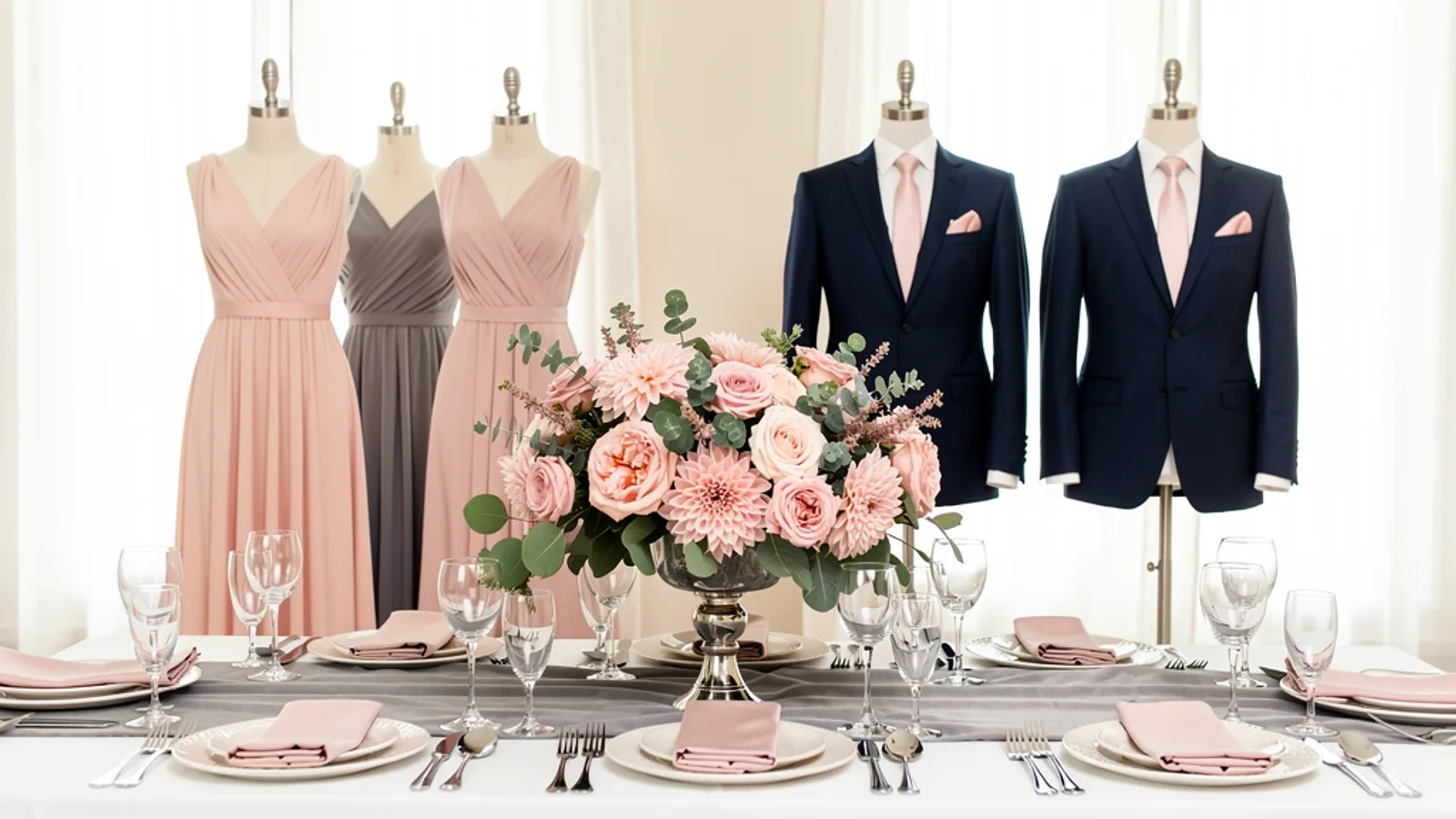 Blush & Pewter wedding color palette shown on bridesmaid dresses, groomsmen suits, florals, and a styled table