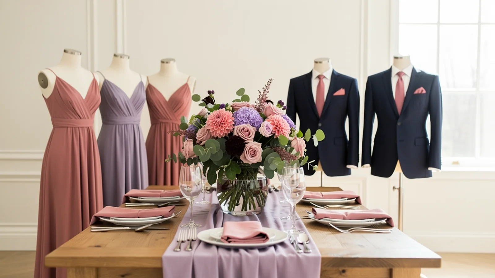 Dusty Rose & Lilac wedding color palette shown on bridesmaid dresses, groomsmen suits, florals, and a styled table
