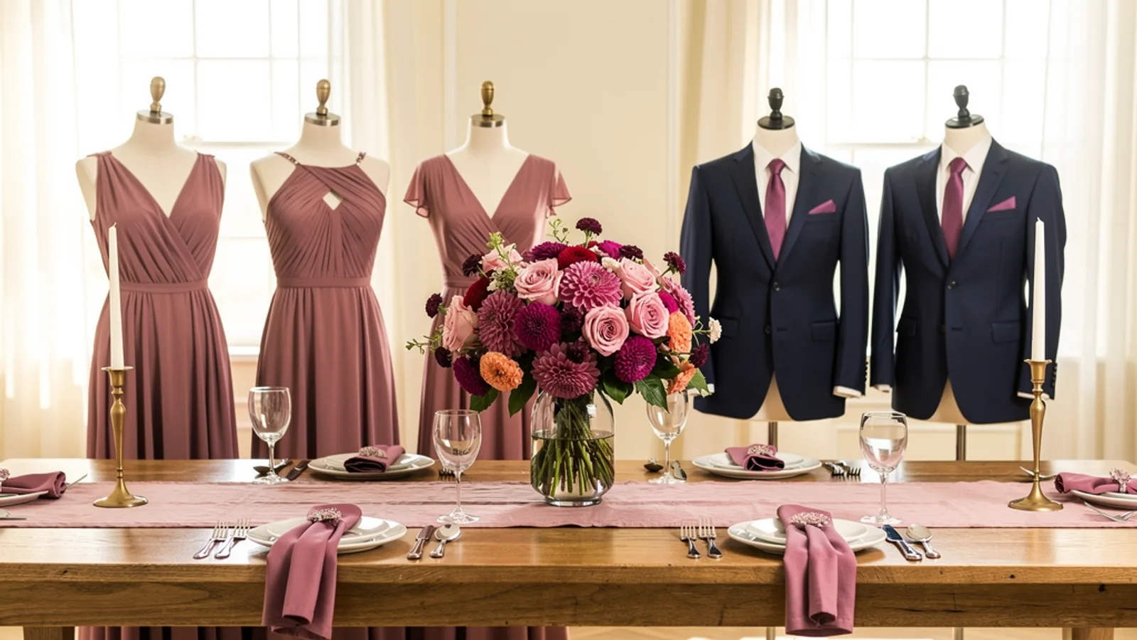 Mauve & Mushroom wedding color palette shown on bridesmaid dresses, groomsmen suits, florals, and a styled table
