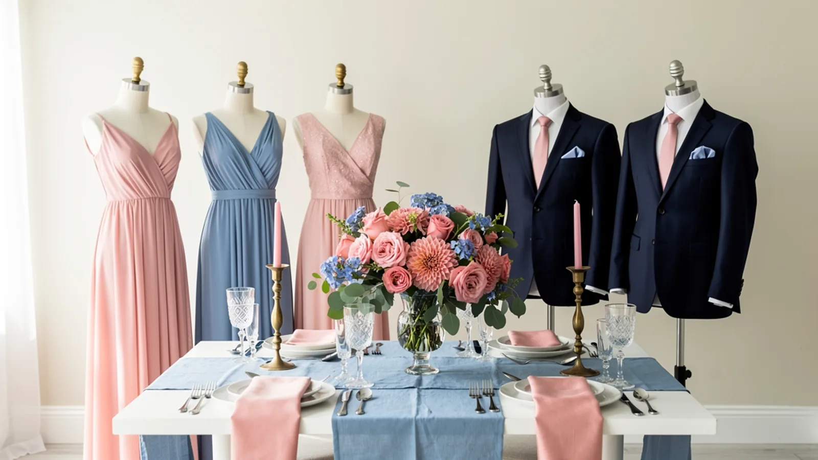 Rose Quartz & Serenity wedding color palette shown on bridesmaid dresses, groomsmen suits, florals, and a styled table