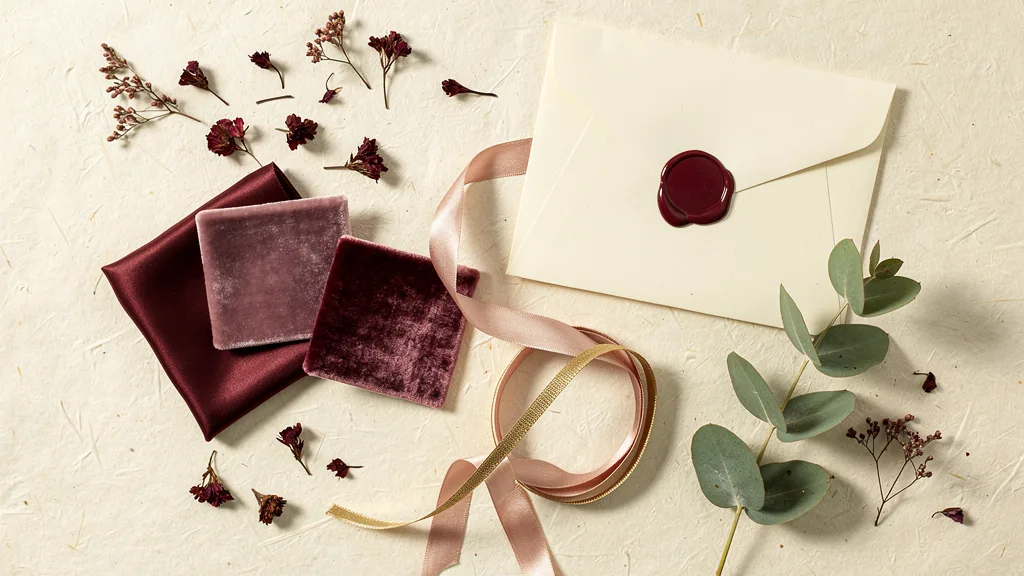 Flat-lay in a burgundy wedding palette