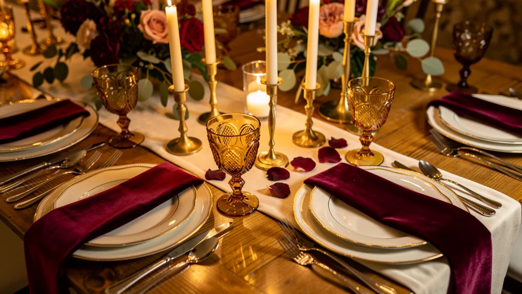 Tablescape in a burgundy wedding palette