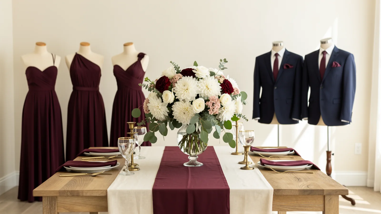 Aubergine & Marsala wedding color palette shown on bridesmaid dresses, groomsmen suits, florals, and a styled table