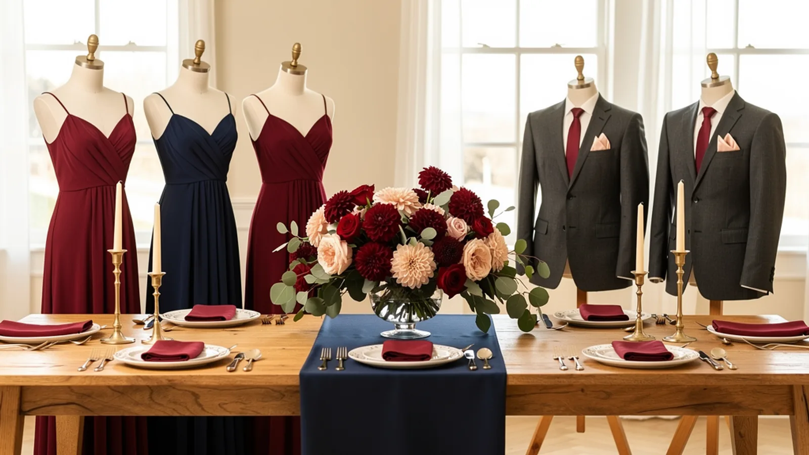Burgundy, Navy & Blush wedding color palette shown on bridesmaid dresses, groomsmen suits, florals, and a styled table