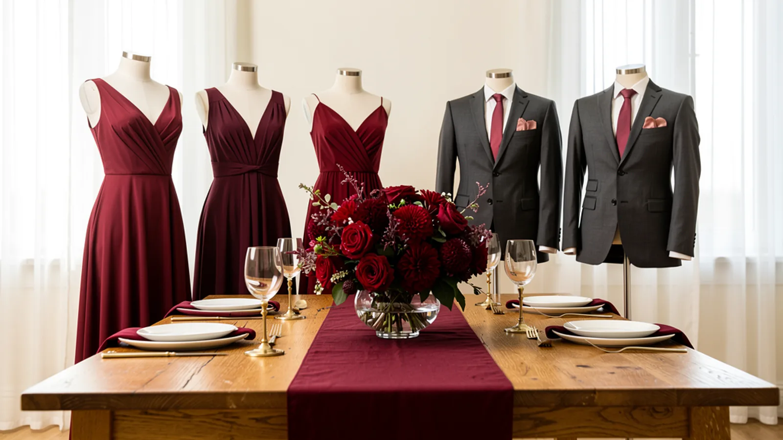 Cherry Velvet wedding color palette shown on bridesmaid dresses, groomsmen suits, florals, and a styled table