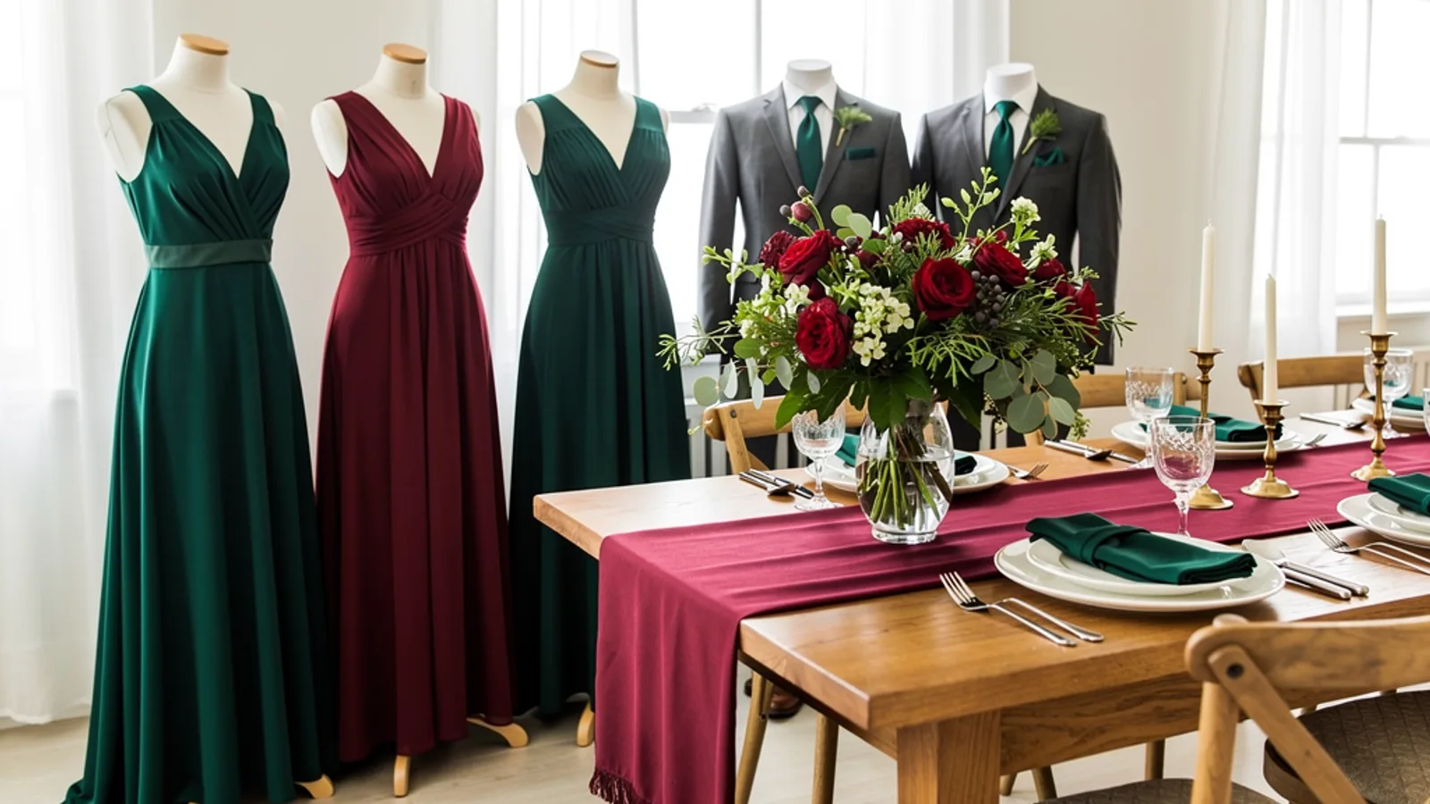 Forest & Garnet wedding color palette shown on bridesmaid dresses, groomsmen suits, florals, and a styled table