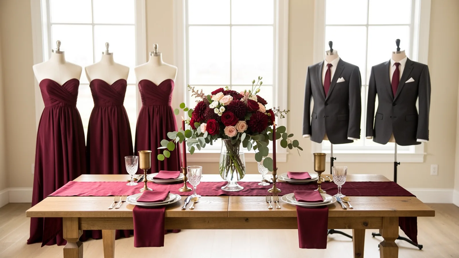 Garnet & Charcoal wedding color palette shown on bridesmaid dresses, groomsmen suits, florals, and a styled table