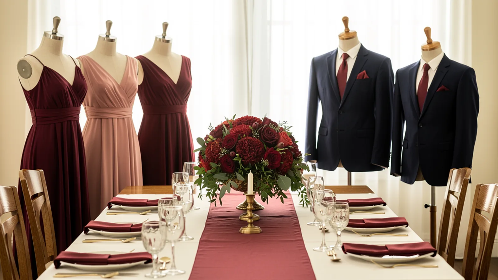 Marsala & Gold wedding color palette shown on bridesmaid dresses, groomsmen suits, florals, and a styled table