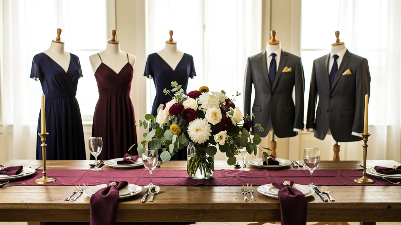 Midnight Glamour wedding color palette shown on bridesmaid dresses, groomsmen suits, florals, and a styled table