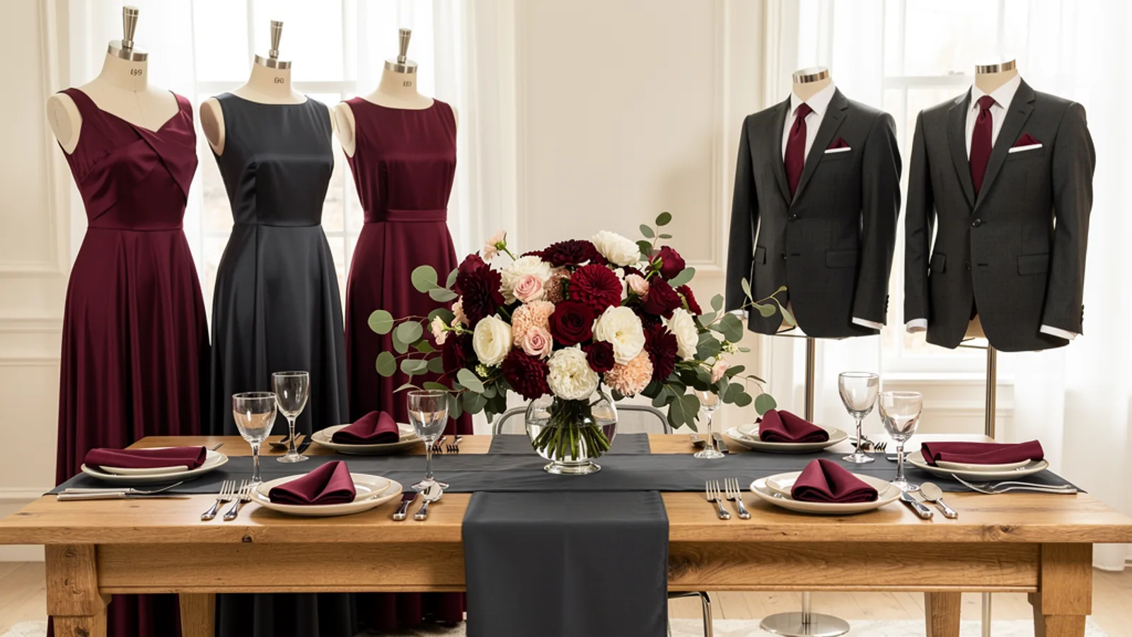 Wine & Charcoal wedding color palette shown on bridesmaid dresses, groomsmen suits, florals, and a styled table