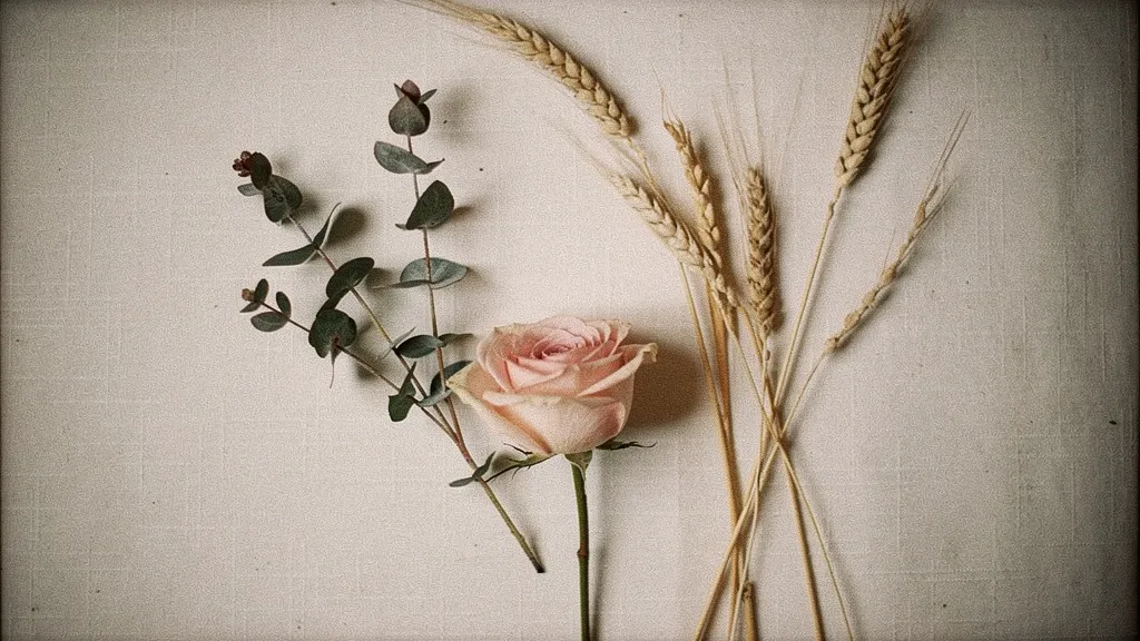 A blush garden rose, eucalyptus leaves, and dried wheat arranged on antique white linen, capturing a rustic wedding floral detail.