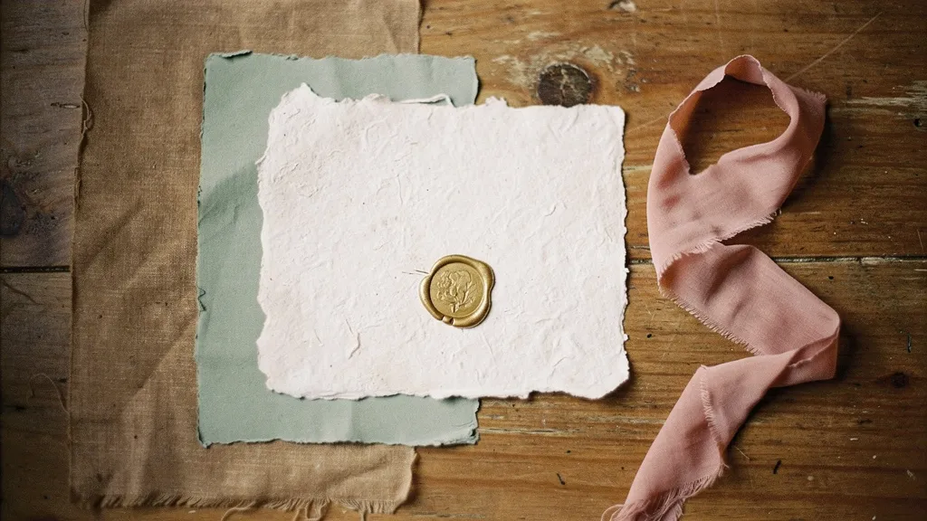 Textured papers with a gold wax seal and dusty rose silk ribbon on a wooden table, showcasing wedding stationery materials.