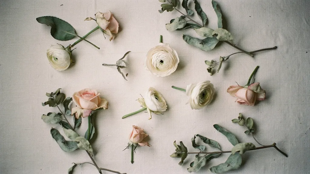 A serene composition of sage leaves, blush roses, and ivory ranunculus on an ivory linen backdrop, capturing a delicate floral palette.