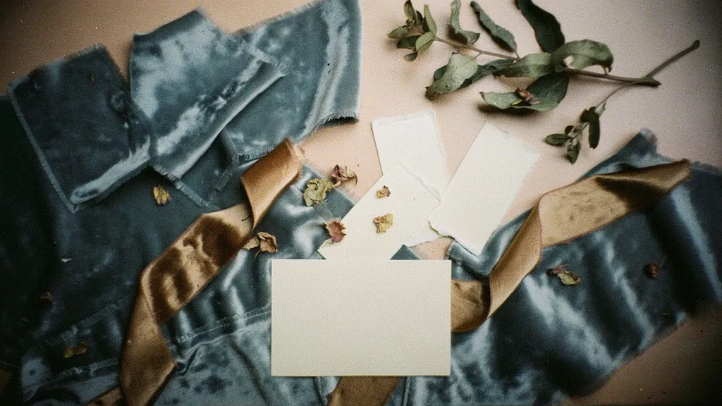 A collection of wedding materials featuring dusty blue velvet, taupe silk ribbon, blush tiles, and an ivory envelope, arranged artfully.