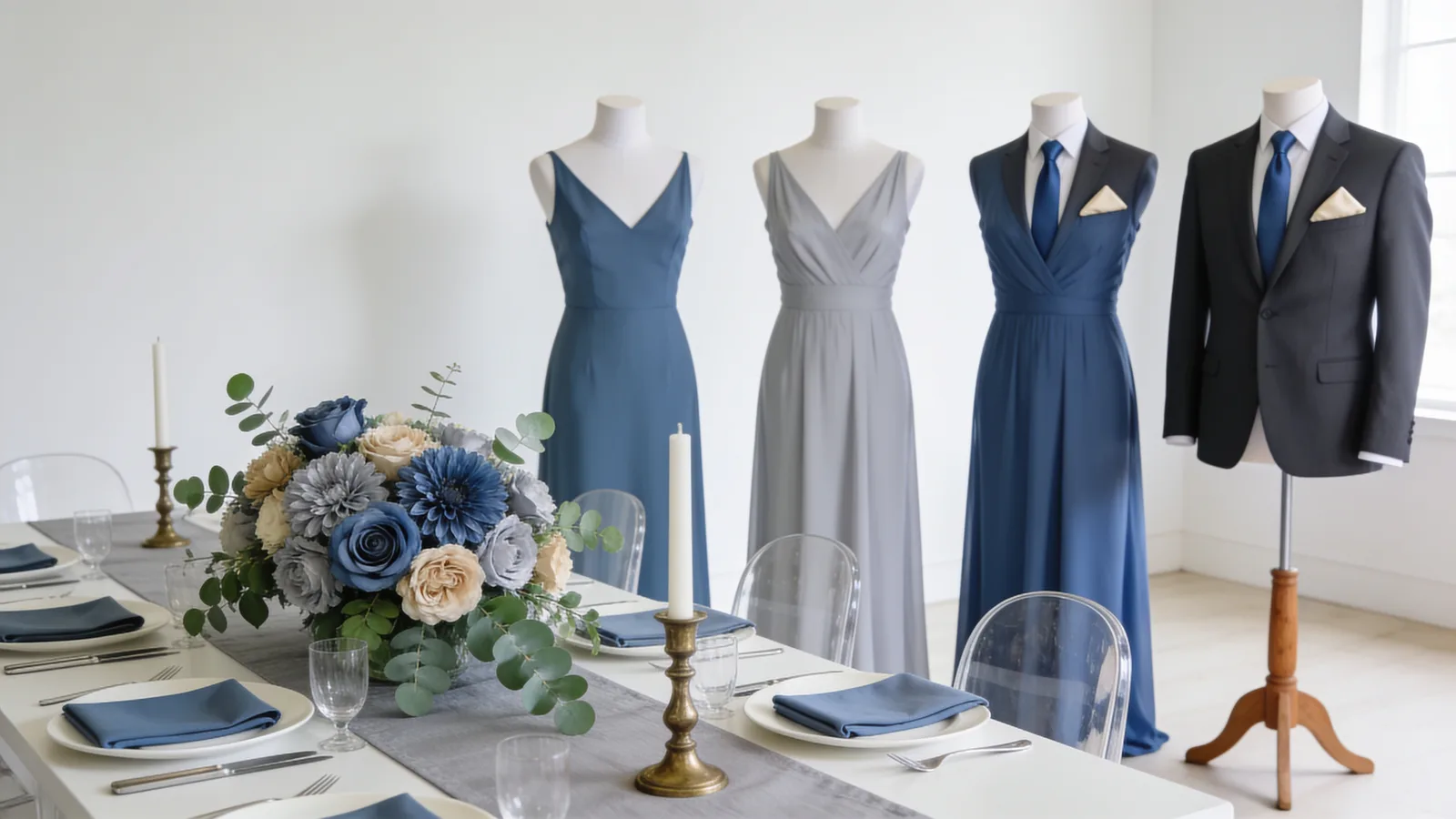 Dusty Blue & Heirloom Gold wedding color palette shown on bridesmaid dresses, groomsmen suits, florals, and a styled table