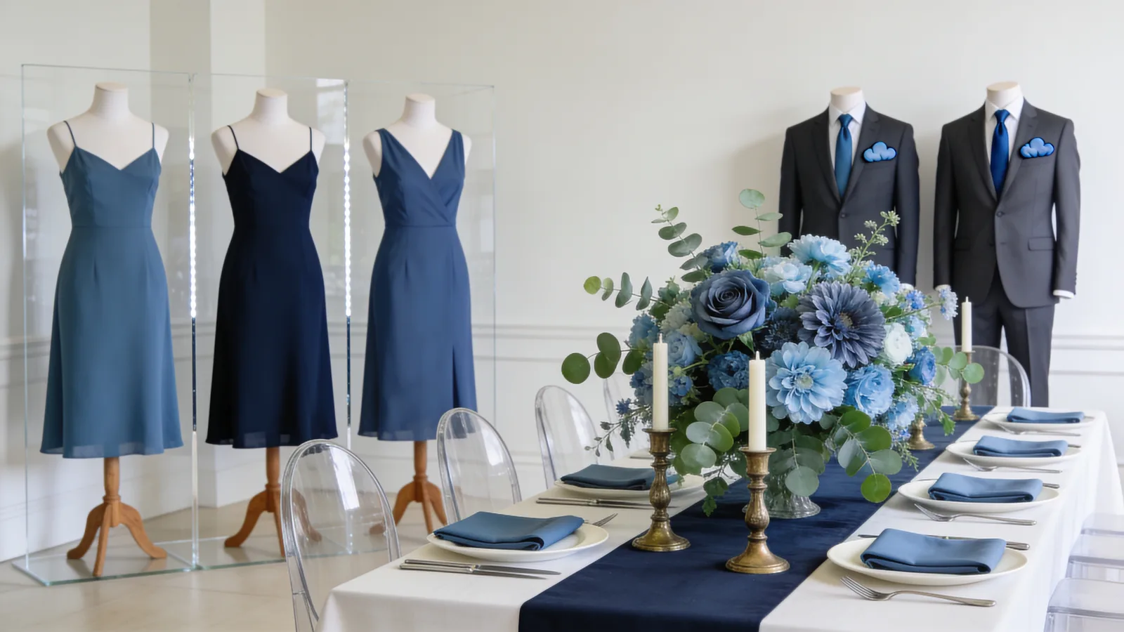 Dusty Blue & Navy wedding color palette shown on bridesmaid dresses, groomsmen suits, florals, and a styled table