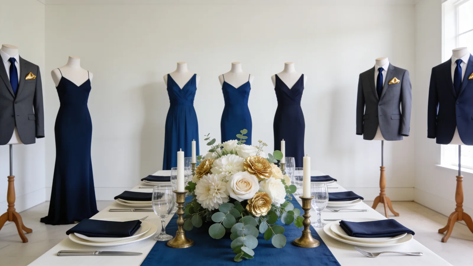 Navy & Gold wedding color palette shown on bridesmaid dresses, groomsmen suits, florals, and a styled table