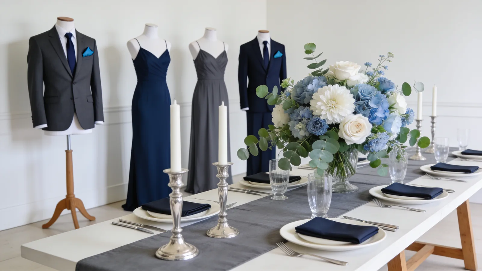 Navy & Silver wedding color palette shown on bridesmaid dresses, groomsmen suits, florals, and a styled table