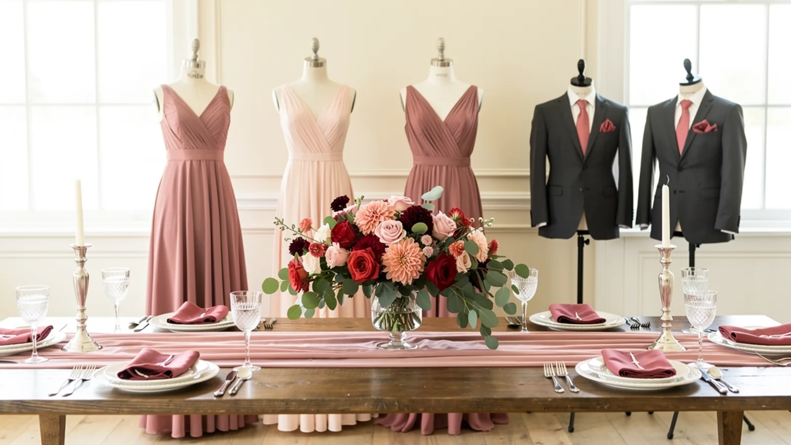 Antique Rose & Pewter wedding color palette shown on bridesmaid dresses, groomsmen suits, florals, and a styled table