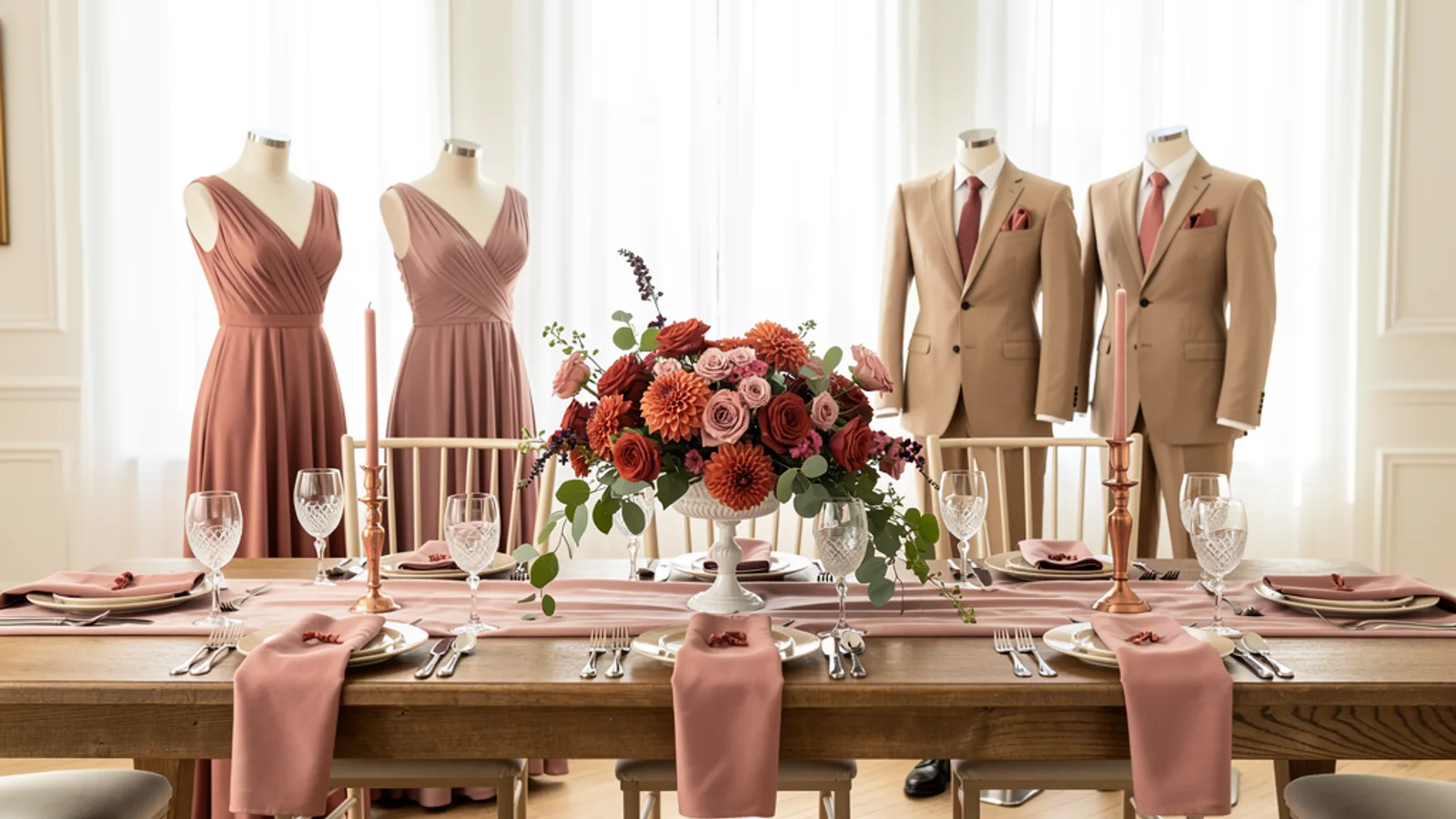 Clay & Dusty Rose wedding color palette shown on bridesmaid dresses, groomsmen suits, florals, and a styled table