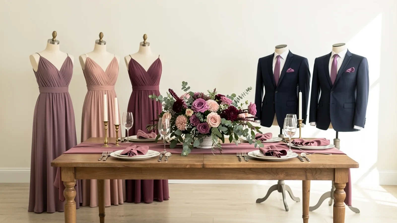 Mauve & Mushroom wedding color palette shown on bridesmaid dresses, groomsmen suits, florals, and a styled table
