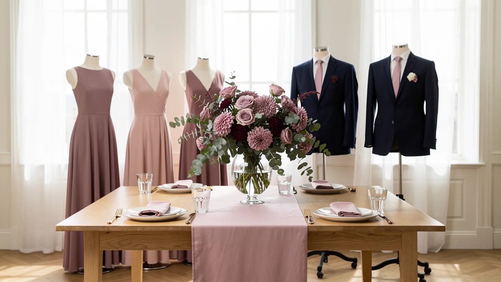 Soft Mauve & Ivory wedding color palette shown on bridesmaid dresses, groomsmen suits, florals, and a styled table