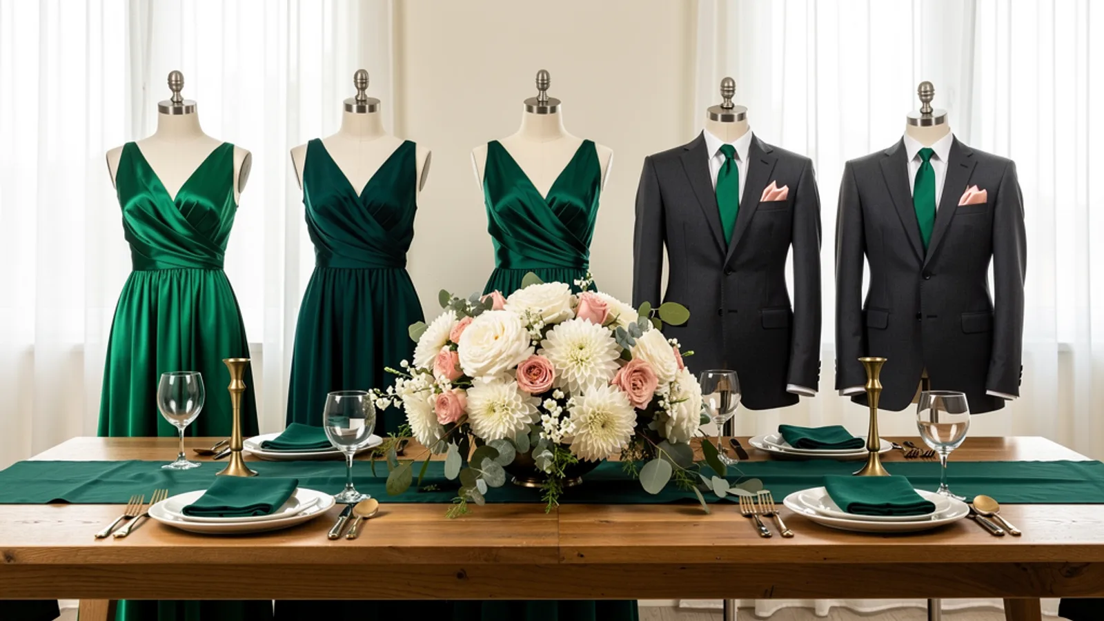 Emerald & Garden Blush wedding color palette shown on bridesmaid dresses, groomsmen suits, florals, and a styled table