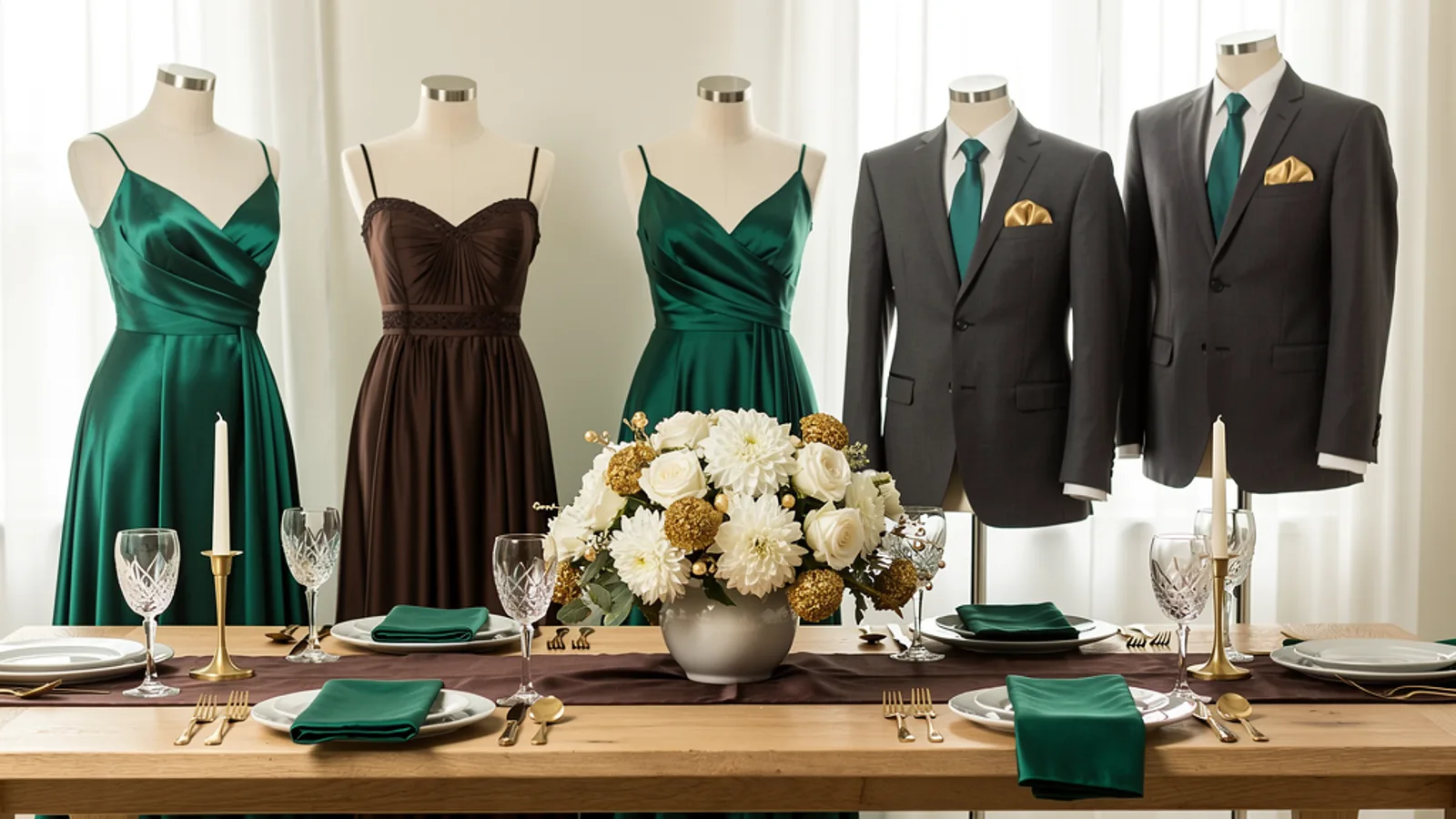 Emerald Gala wedding color palette shown on bridesmaid dresses, groomsmen suits, florals, and a styled table
