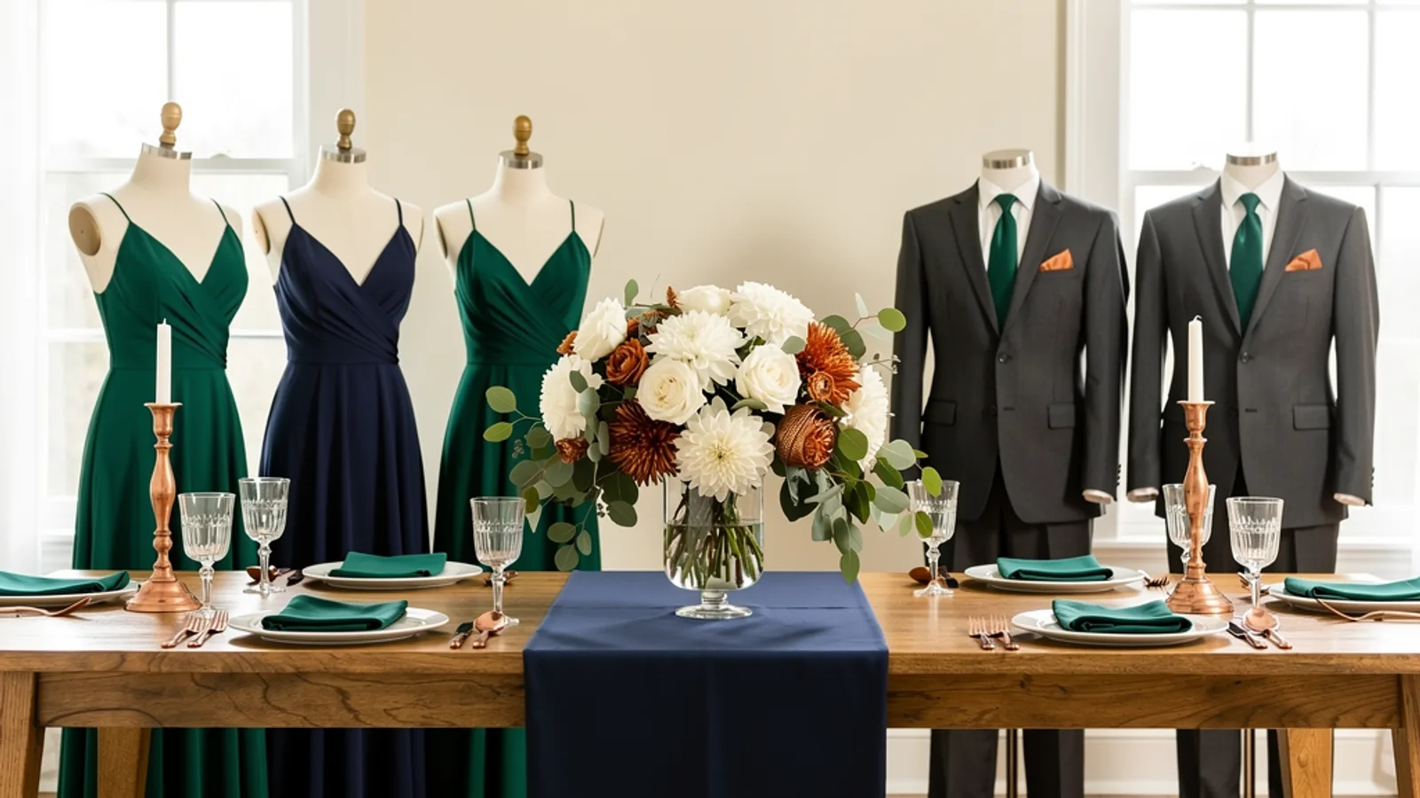 Emerald, Navy & Copper wedding color palette shown on bridesmaid dresses, groomsmen suits, florals, and a styled table
