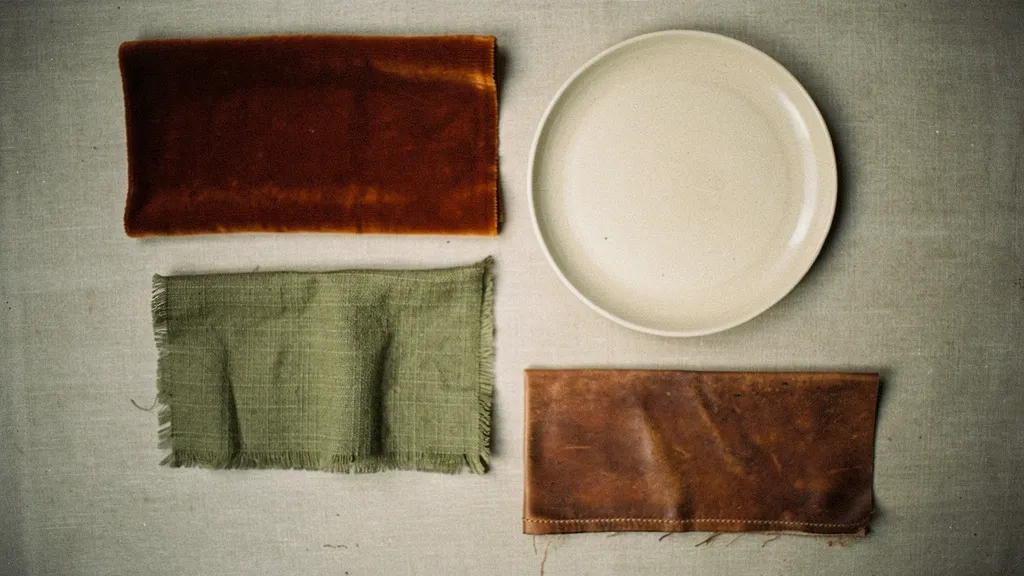 A selection of materials including burnt sienna velvet, olive green linen, an ivory ceramic plate, and a rustic umber leather swatch, arranged to showcase an ea