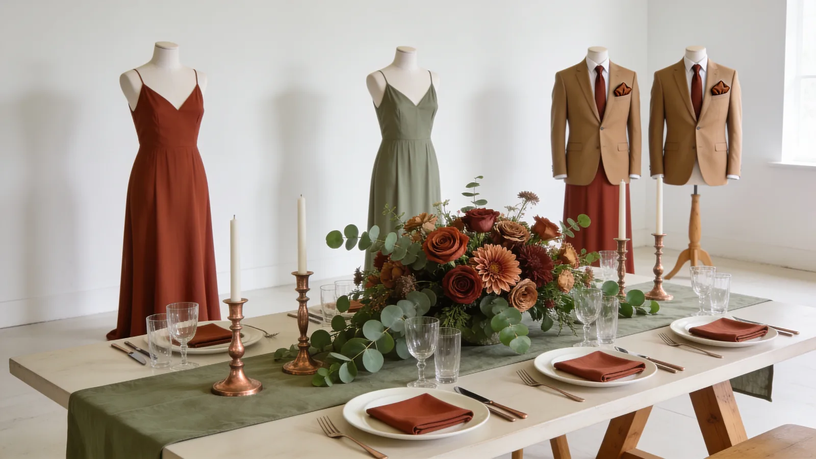 Desert Chic wedding color palette shown on bridesmaid dresses, groomsmen suits, florals, and a styled table