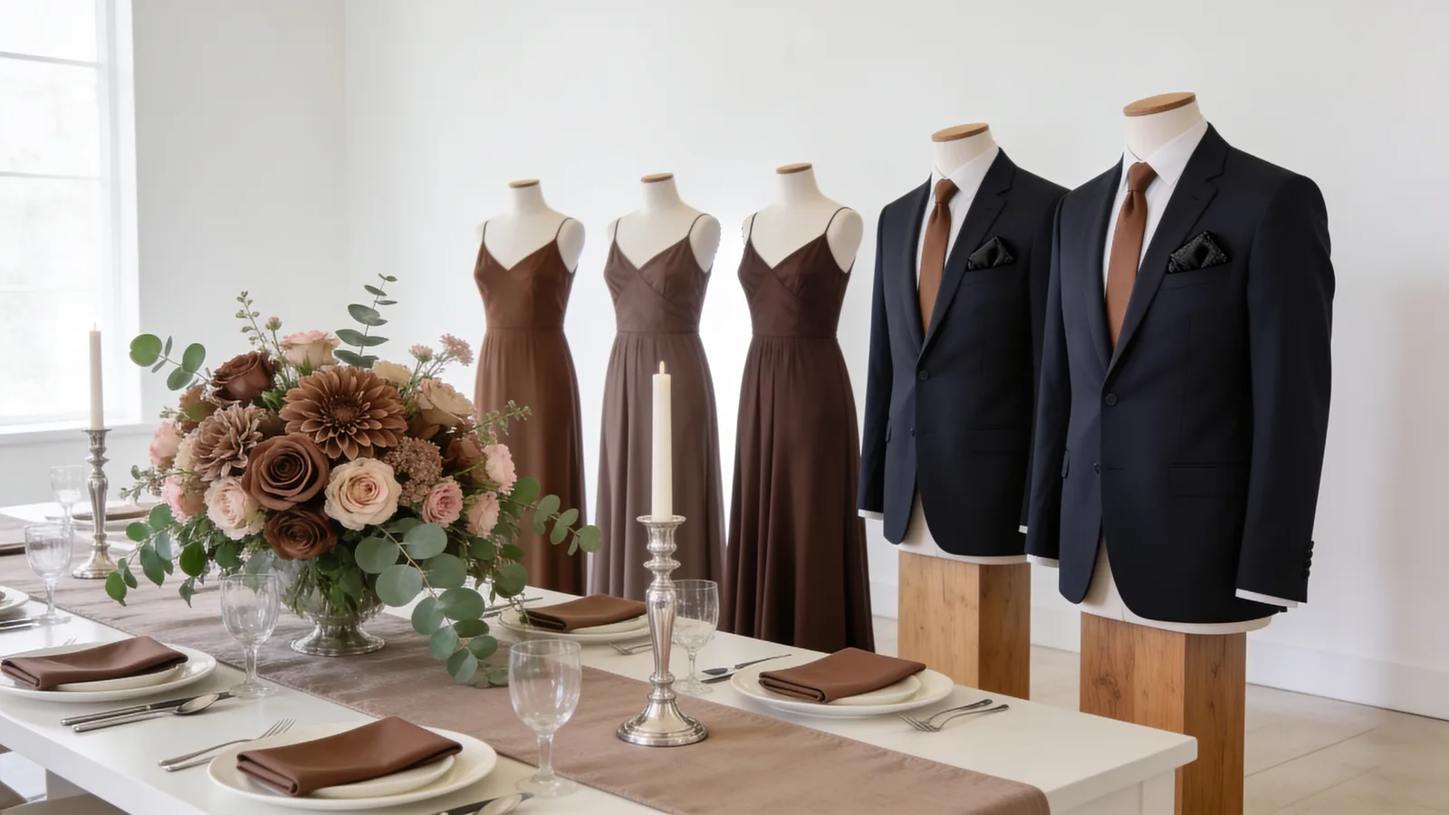 Mocha Mist wedding color palette shown on bridesmaid dresses, groomsmen suits, florals, and a styled table