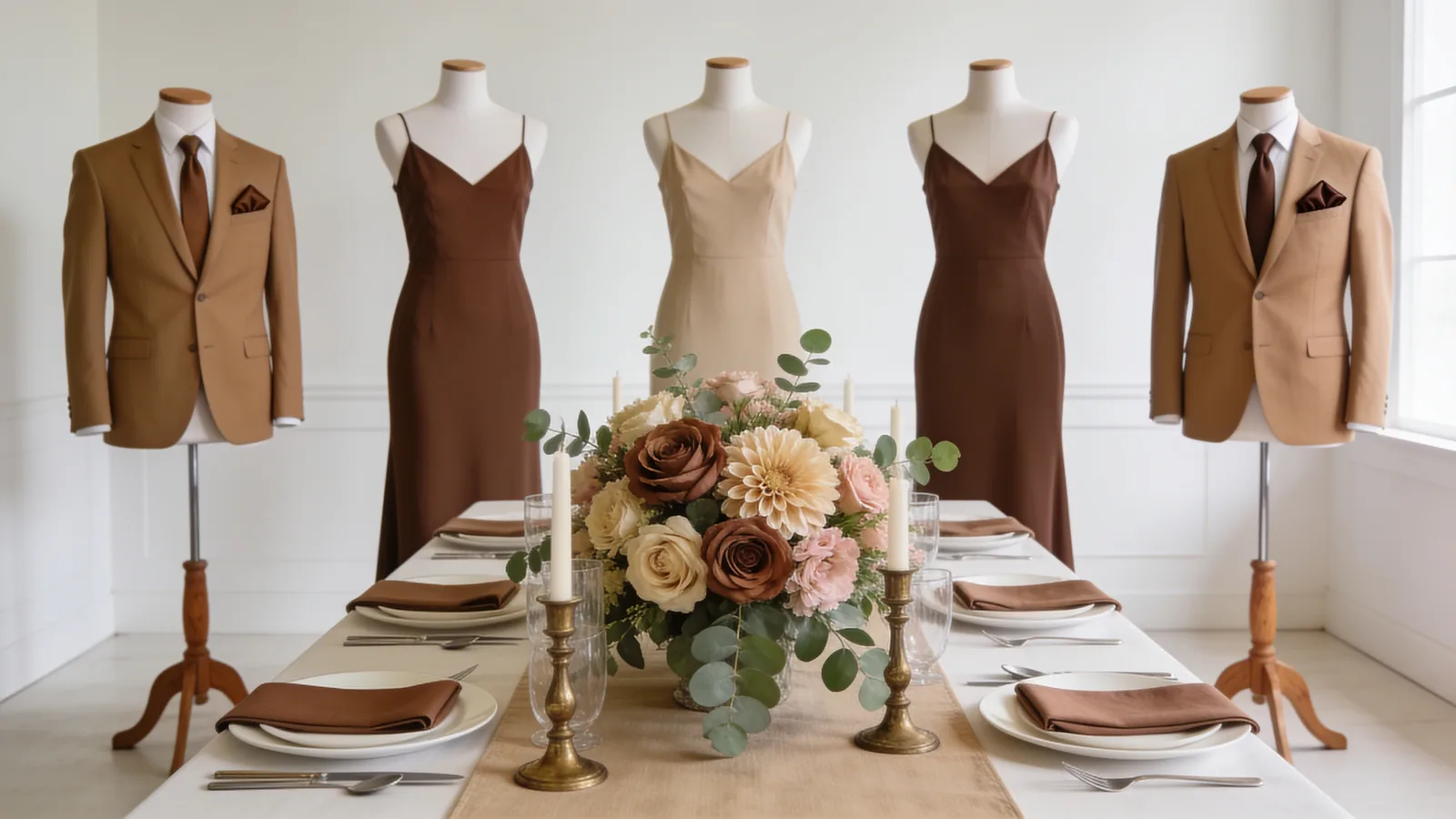 Mocha Mousse wedding color palette shown on bridesmaid dresses, groomsmen suits, florals, and a styled table