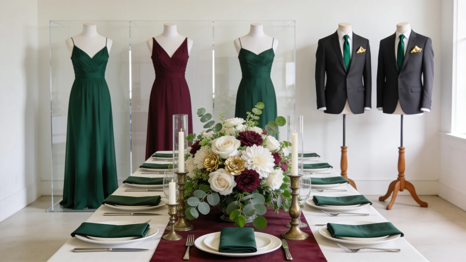 Vineyard Sage wedding color palette shown on bridesmaid dresses, groomsmen suits, florals, and a styled table