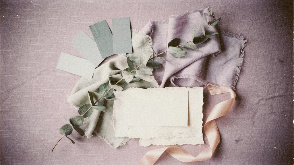 Various materials such as paint chips, silk fabric, and ribbon in muted shades of lavender, sage, and sky, arranged on a textured ivory background.