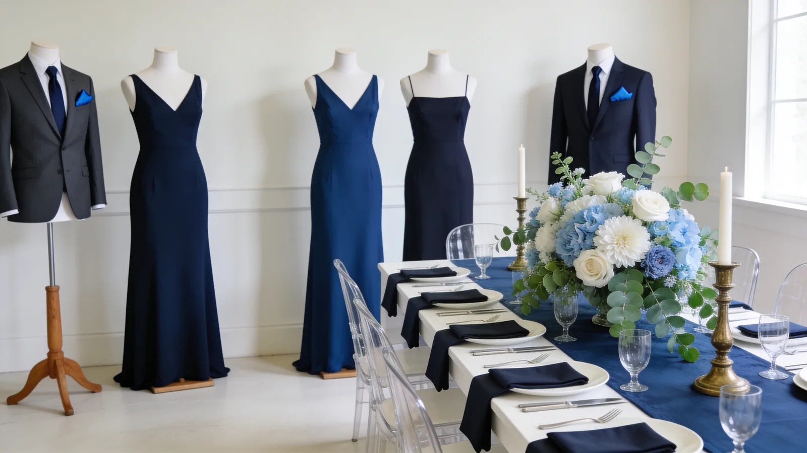 Classic Navy & Ivory wedding color palette shown on bridesmaid dresses, groomsmen suits, florals, and a styled table