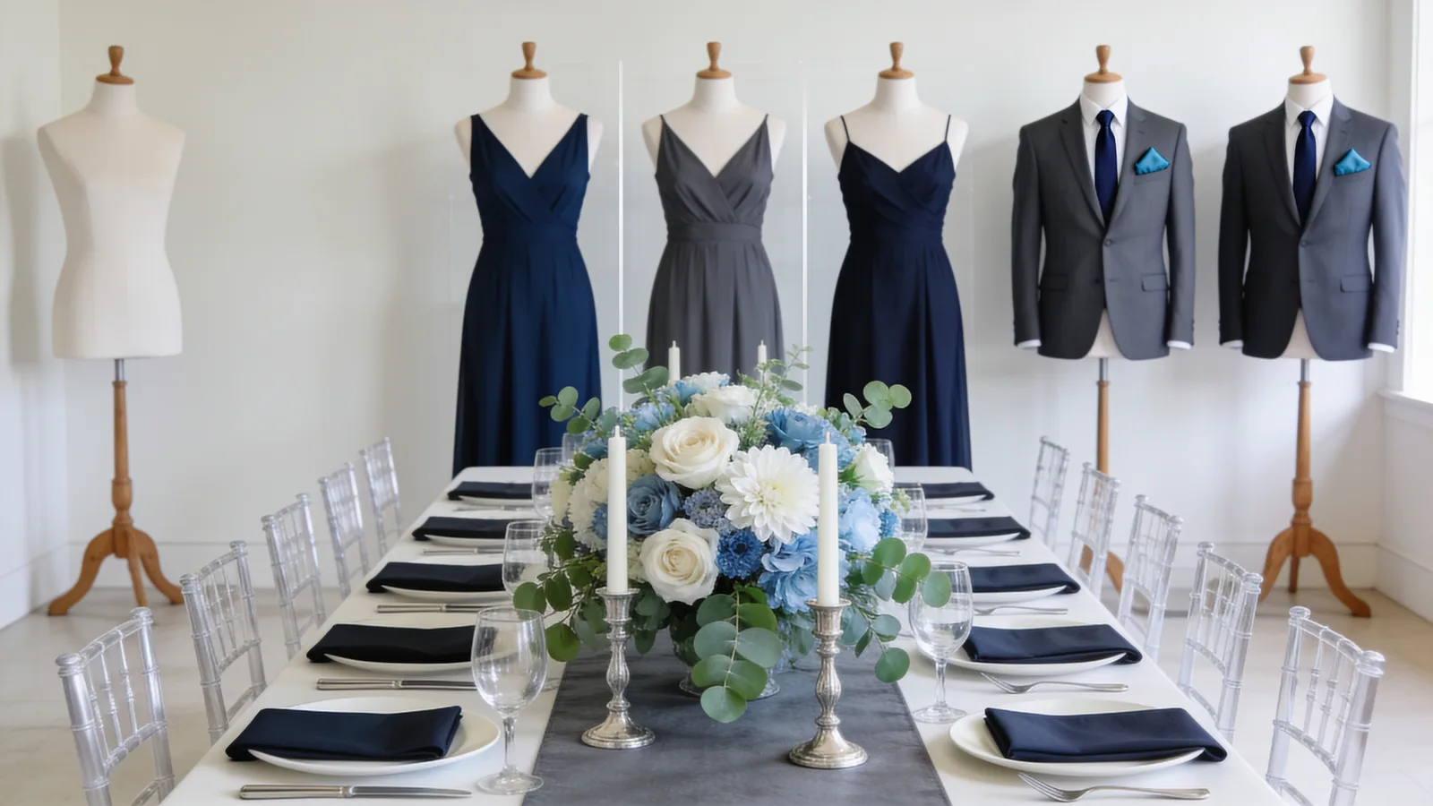 Navy & Silver wedding color palette shown on bridesmaid dresses, groomsmen suits, florals, and a styled table