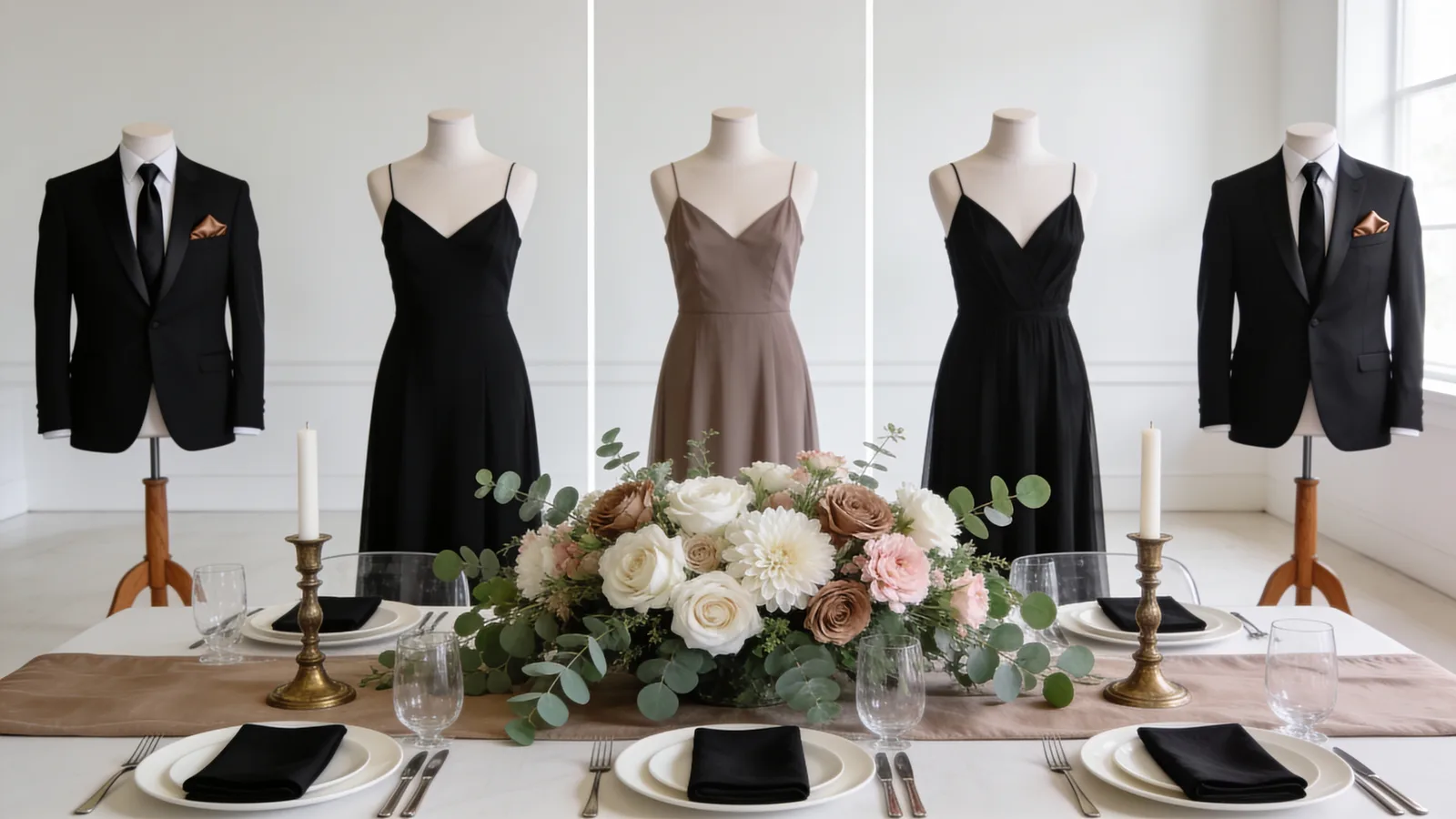 Black, Ivory & Champagne wedding color palette shown on bridesmaid dresses, groomsmen suits, florals, and a styled table