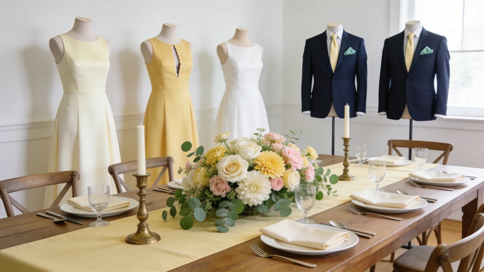 Buttercream wedding color palette shown on bridesmaid dresses, groomsmen suits, florals, and a styled table