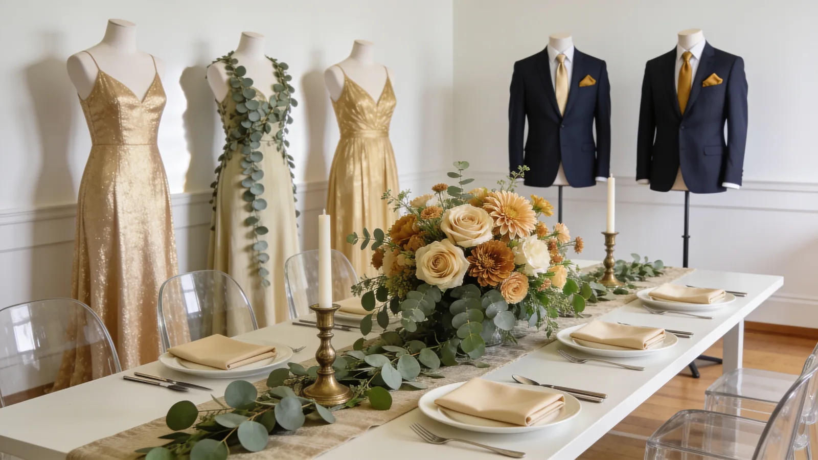 Champagne & Greenery wedding color palette shown on bridesmaid dresses, groomsmen suits, florals, and a styled table