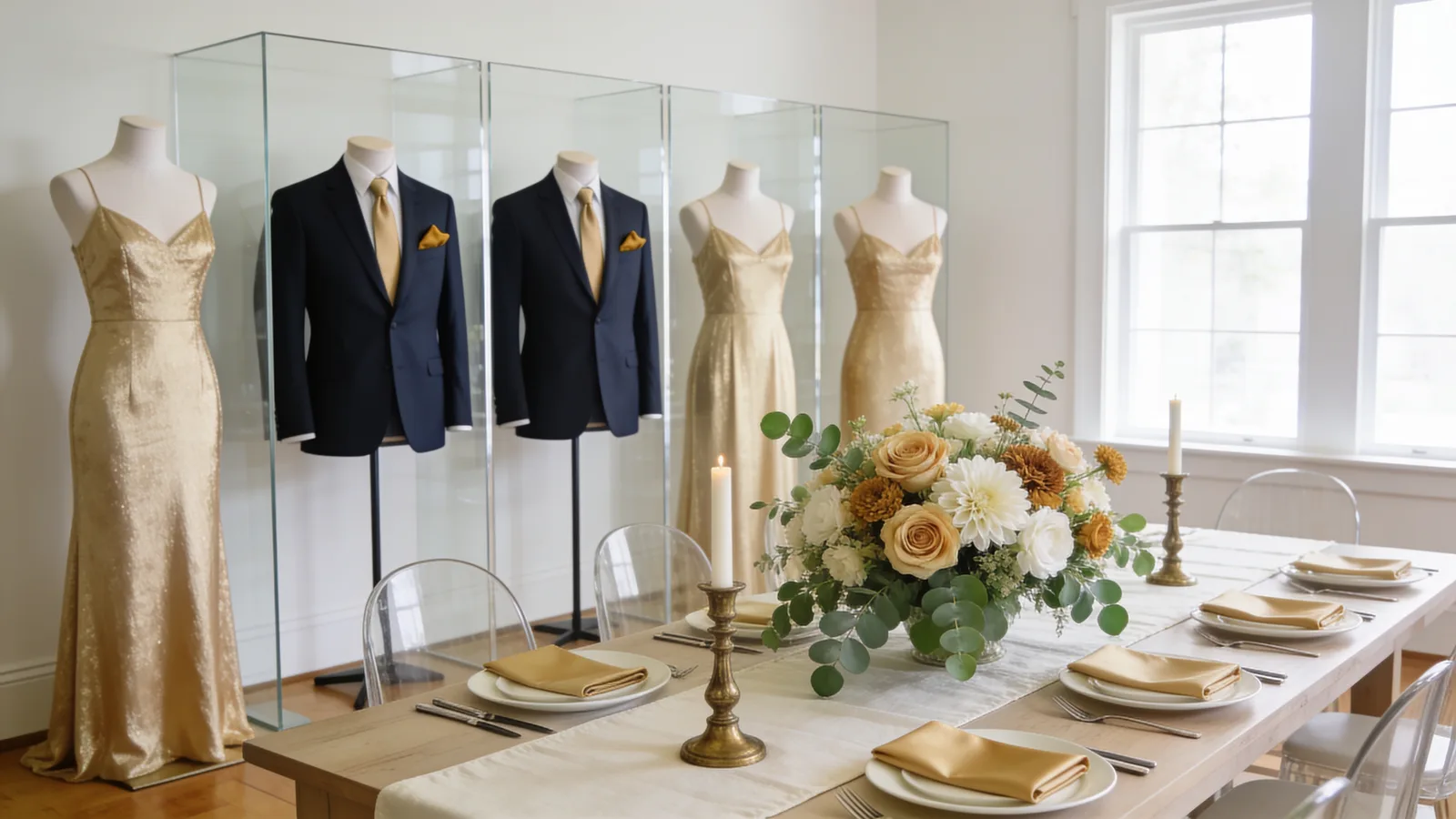 Champagne & Ivory wedding color palette shown on bridesmaid dresses, groomsmen suits, florals, and a styled table