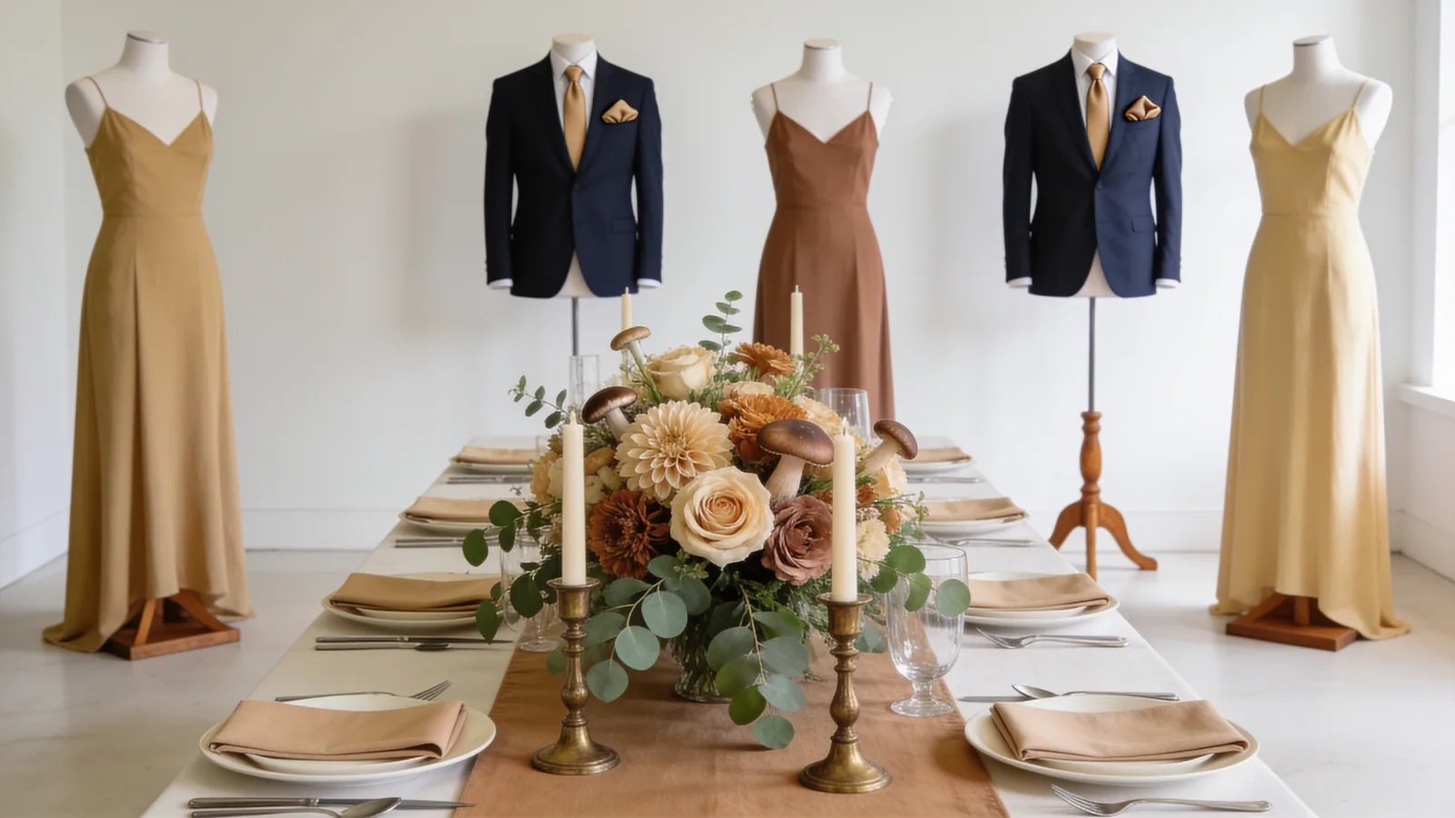 Sand & Taupe wedding color palette shown on bridesmaid dresses, groomsmen suits, florals, and a styled table