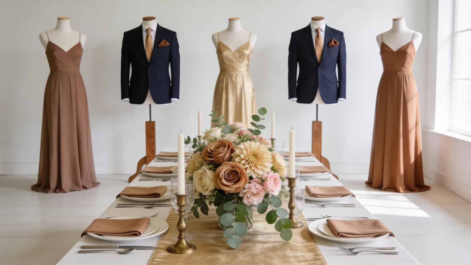 Taupe & Champagne Velvet wedding color palette shown on bridesmaid dresses, groomsmen suits, florals, and a styled table