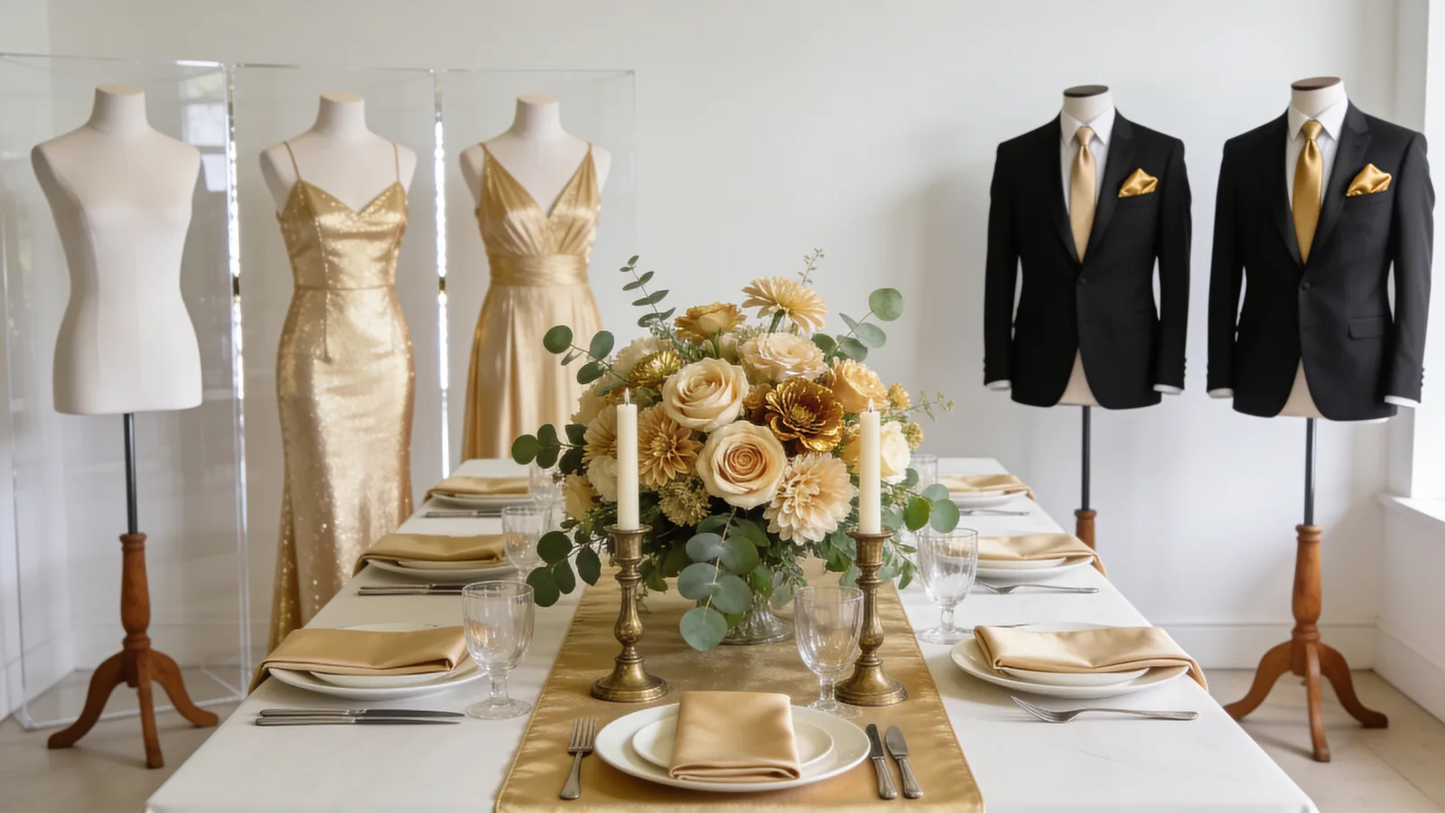 White & Gold Gala wedding color palette shown on bridesmaid dresses, groomsmen suits, florals, and a styled table